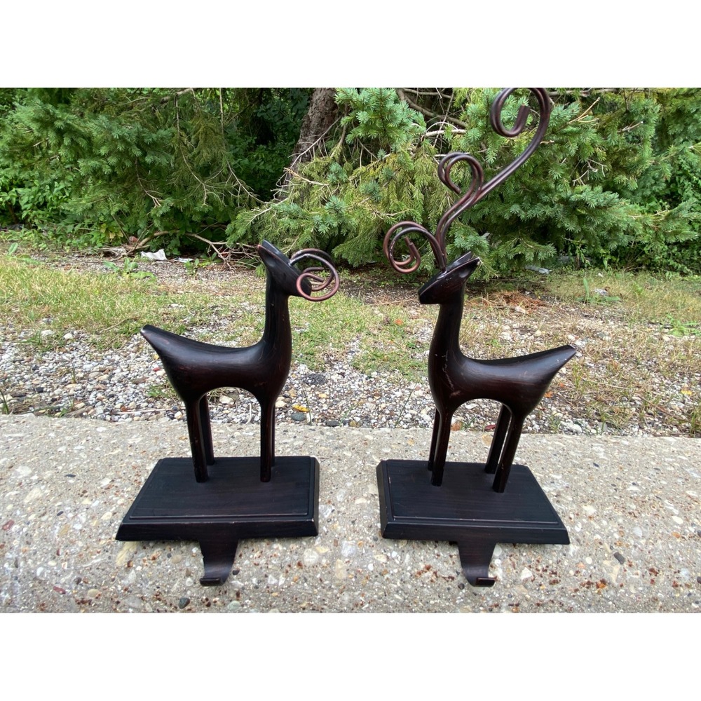 Set 2 Reindeer Stocking Holders Bronze Metal MCM vintage Style Christmas Decor